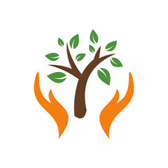 Orange Hands Protecting a Green Tree with Brown Trunk