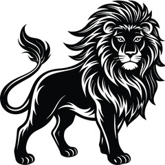 Majestic Lion Silhouette Illustration, Strong Feline with Bold Black and White Design