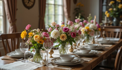 Elegant Floral Table Setting: A beautifully arranged table adorned with vibrant flower arrangements, delicate glassware, and pristine tableware.