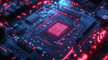 Close up view of a computer motherboard with a glowing red central processing unit displaying binary code technology