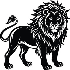 Majestic Lion Silhouette Illustration, Full Body, Black and White, Feline, Wildcat