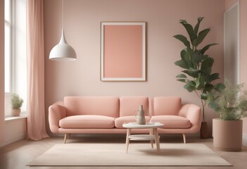 standing frame interior room mock pink coral plant living floor wall vase lamp beige pastel sofa vertical 3d poster background rendering couch cushion blank cosy reddening empty art up decor canvas