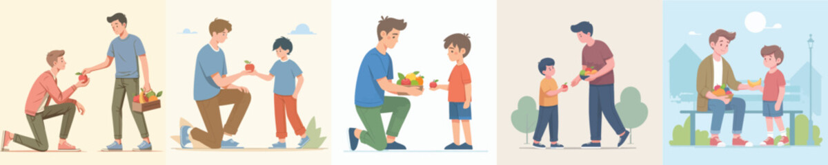 vector of little boy sharing fruit with young man