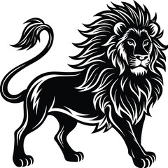 Standing Lion Illustration, Black Silhouette, Wild Animal with Mane Isolated on White