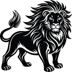 Ornate Black Lion Illustration, Detailed Mane, Powerful Feline, Tribal Style, Silhouette
