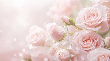 Fototapeta premium Soft pink roses blooming in a romantic pastel background