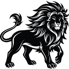 Majestic Silhouette Lion, Roaring Mane, Feline Predator, Wild Cat Walking, Black & White