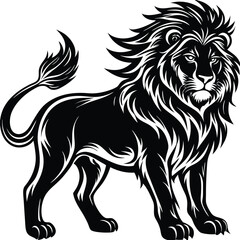 Black Silhouette Of a Walking Lion Isolated On White, Bold Mane, Strong