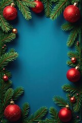 Glittery red & gold ornaments, pine boughs frame blue background, retro, xmas background
