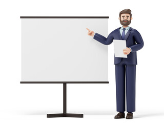 A man stands next to a blank whiteboard, pointing at it while holding a sheet of paper, symbolizing the act of explaining or presenting information. 3D rendering, conceptual image. Isolated on white b