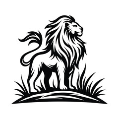 Majestic Lion Silhouette Standing Proudly in Grassy Field Black and White Elegance