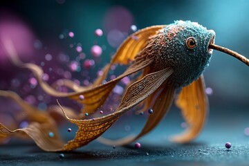 Una criatura de aspecto acuático con escamas texturizadas y aletas ondulantes emerge de una rama, rodeada de partículas brillantes en un fondo oscuro.