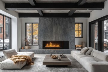 Fototapeta premium Modern sleek living room with black beams, white walls, gray carpet, and silver accents, featuring comfortable sofas, armchair, and a fireplace with a blue wall.