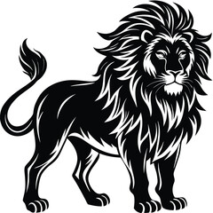 Striking Black Lion Illustration, Detailed Mane, Majestic Animal, Powerful Feline Design
