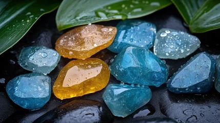 Fototapete Toilette Colorful stones with water droplets on dark stones, surrounded by tropical leaves  © zalfa_std98