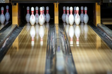 Bowling alley with pins arranged on the lane waiting for the next roll of the bowling ball