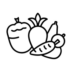 Outline drawing of fresh vegetables including pepper beet carrot and zucchini