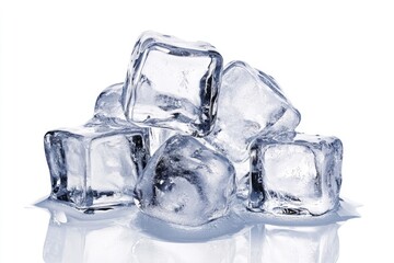 A pile of ice cubes melting on a reflective surface against a plain white studio background view