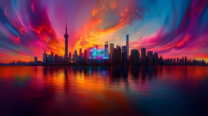 Fototapeta premium Shanghai Skyline at Sunset: A Vibrant Cityscape