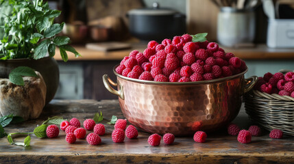 Raspberries in a copper pot ready to eat or for making jam.