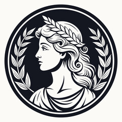 Greek Goddess Head Profile with Wreath, Curly Hair, in Black and White Emblem Style