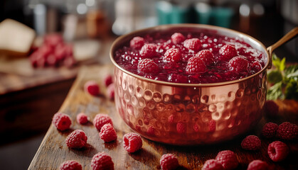 Raspberries in a copper pot ready to eat or for making jam.