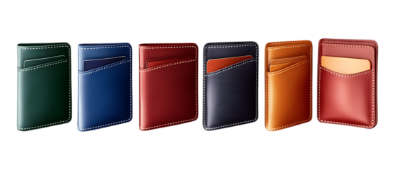 Six colorful vertical leather minimalist cardholders featuring contrasting stitch lines are lined up together.