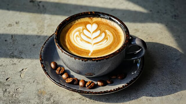 A ceramic cup with latte art in the shape of a flower sits on a saucer with coffee beans under soft lighting.