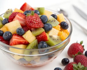 A refreshing fruit salad in a clear glass bowl featuring strawberries, blueberries, pineapple, and kiwi.