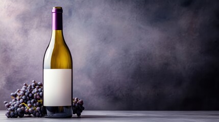 A charming wine bottle surrounded by fresh, luscious grapes on a rustic table, capturing the essence of wine culture and its connection to nature and enjoyment.