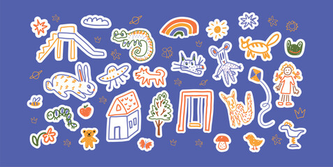 Hand-drawn colorful doodles in playful childlike style. Rabbit and swing, a girl flying a kite, animals, bear, frog, lizard, dog and cat, caterpillar, bird and UFO, house, tree and rainbow. Vector ill