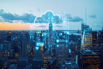 City skyline with digital cloud overlay and network icons at dusk creating a modern cityscape view