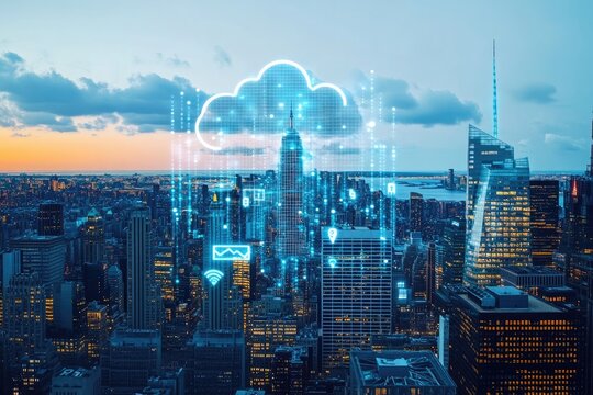 City skyline with digital cloud overlay and network icons at dusk creating a modern cityscape view - Powered by Adobe