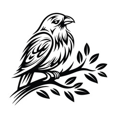 Monochrome Bird Perched on Branch with Leaves Silhouette, Isolated on White Design