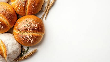 A collection of artisan-baked bread featuring golden brown crusts, garnished with wheat, showcasing rustic beauty and freshness, ideal for warm gatherings and heartfelt meals.