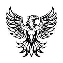 Majestic Bird of Prey Eagle with Open Wings, Black Silhouette on White Background