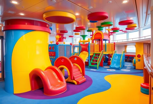 Vibrant kids' zone on cruise ship with colorful play structures and soft flooring, bright, nautical
