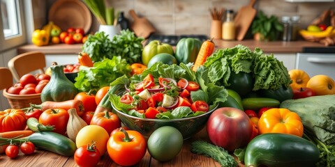 Vibrant kitchen table overflowing with fresh produce; a healthy salad is the centerpiece,  bowl, salad