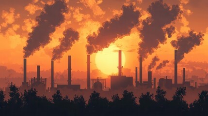 Industrial revolution factory town with massive chimneys, intricate pipe systems, and a sunset casting golden light