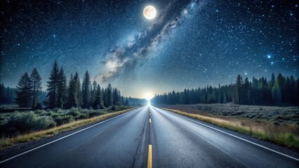 Naklejka premium Asphalt Path Under a Celestial Canvas Night Road Journey Through Starlit Forest