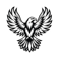 Monochrome Eagle with Outspread Wings on White Background in Simple Style