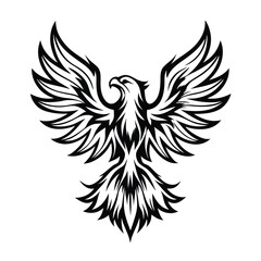 Obraz premium Stylized Phoenix Rising, Wings Spread, Black Silhouette, Sharp Feathers, Isolated