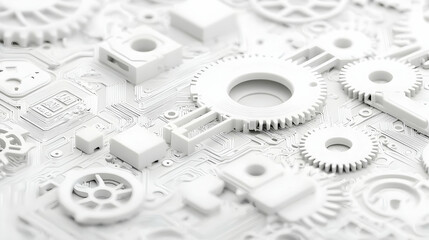Abstract 3d Illustration Of Interconnected Gears And Circuit Board Components