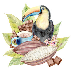 Watercolor illustration of Toucan Bird, cocoa and cocoa bean mugs with flowers and leaves. Botanical illustration for your creativity