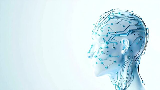 Digital brain profile, circuit design, white background, AI concept