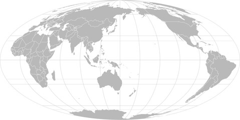 World vector map with country boundaries and graticules in Asia-Pacific view (Mollweide projection, PPT-compatible & fully editable)