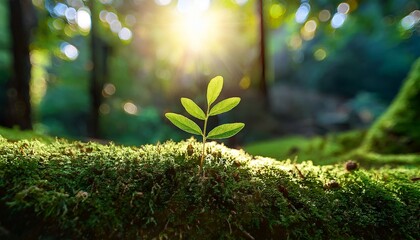Sapling growing through a carpet of moss, its delicate leaves catching sunlight streaming through the canopy of a dense forest.
