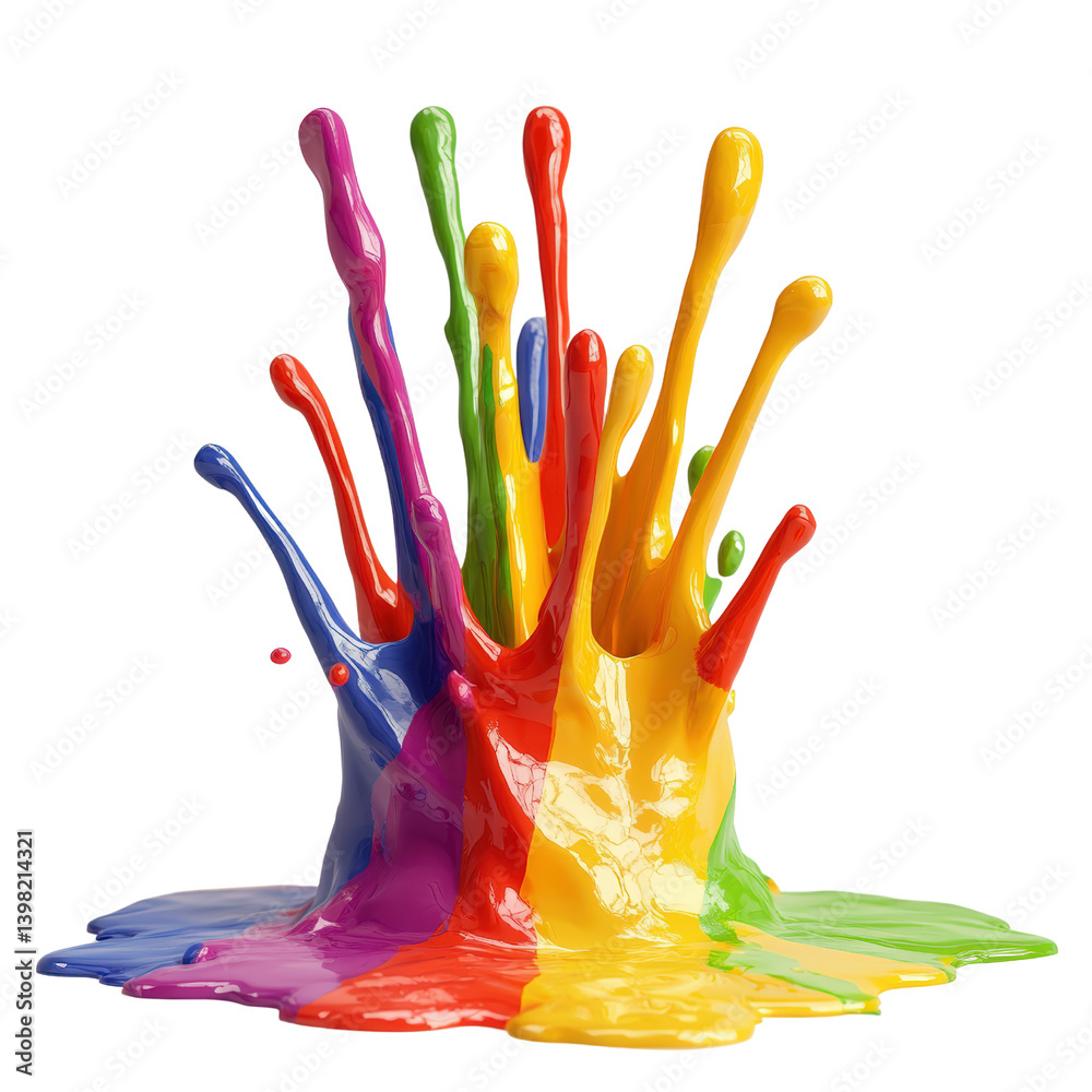 Poster vibrant multi-colored paint splashes creating an artistic explosion of color on a bright white backg