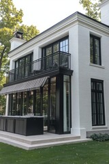 Fototapeta premium A contemporary white house featuring large, expansive windows and a chic outdoor patio, nestled within a serene wooded area, illuminated by daylight