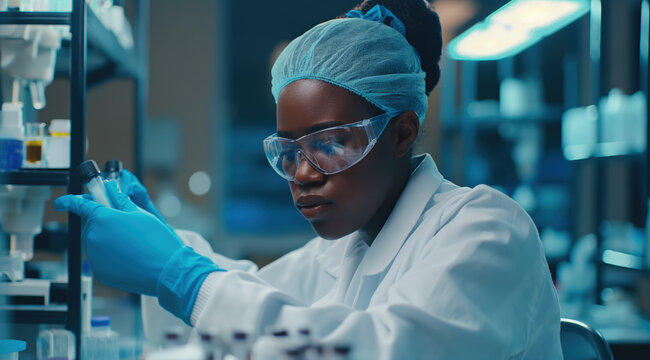 Medical bio laboratory, Research, Science test technology. Pharmaceutical lab specialist examines medicine vials, hospital patient samples. Medical student conducts research. Realistic style photo